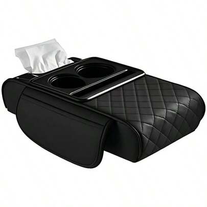 Car Armrest Cushion With Cup Holder & Tissue Box, PU Leather Quilted Auto Center Console Pad, Multifunctional Car Seat Gap Organizer Storage Box, Universal Car Interior Accessory For Most Vehicles