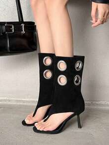 2026新款褶皱过膝长靴，猫跟尖头复古骑马靴 - 黑色 - 查看 4