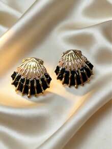 1 Pair Minimalist Black Pink Enamel Shell Earrings, Versatile Gold Plated Jewelry For Women, Great Mother's Day Gift For Office, Casual & Family Gathering - Multicolor - View 6