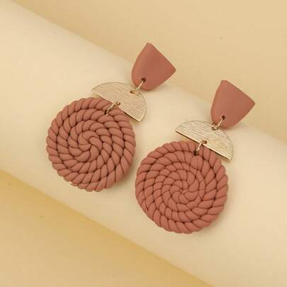 1 Pair Caramel Brown Woven Disc Soft Clay Earrings, Metallic Contrast Sweet & Cool Earrings, Niche Design Student Campus Daily, Spring Outing, Girlfriend Getaway, Birthday Party, Music Festival, Sweet & Cool / Spicy Girl / Retro Style