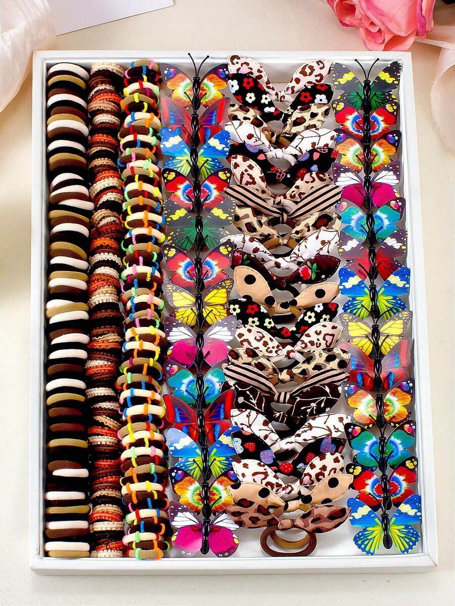 186 piezas Surtido de Scrunchies, Pinzas de Pelo, Bandas de Goma, Orejas de Conejo, Accesorios de Pelo con Mariposas, Flores y Pinzas de Pelo Coloridas para Niñas - Café integral - Ver 1