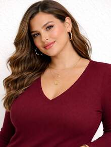 Women's Plus Size Long-Sleeved Blouse With A V-Neck And High Elasticity, Perfect For Autumn And Winter. - Redwood - View 6