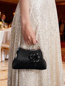 Bolsa clutch elegante com laço brilhante - Estilo deslumbrante Y2K, ideal para festas, casamentos, galas, eventos formais e festivais de música | Presente perfeito para mulheres, adolescentes e universitárias, combina perfeitamente com acessórios de formatura. - Preto - Ver 3