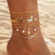 5 chiếc vòng chân kiểu Bohemian hình quả dứa đính ngọc trai giả hình bướm vô cực dài 8 inch. - Vàng - Xem 2