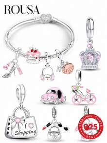 1pc 925 Sterling Silver Romantic Travel Beaded Pendant, Rhinestone Pendant, Suitable For Bracelet DIY, Essential For Women Jewelry Making - Silver - View 13