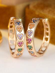 Vanel 1 par de elegantes pendientes con corazón de tono dorado y circonita cúbica multicolor, estilo arcoíris, pendientes de moda adecuados para uso diario y fiestas - Amarillo dorado-multicolor - Ver 3