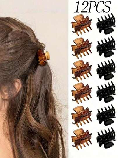 Bộ 6/12 kẹp tóc mái nhỏ đơn giản dành cho nữ, hình vuông, màu đen và nâu, phụ kiện tóc mini đa năng, phù hợp cho sử dụng hàng ngày, mùa thu/đông, kỳ nghỉ, mùa hè đi biển.
