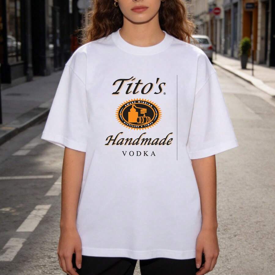 Women's Tito's Vodka Print T-Shirt, Casual Short-Sleeved Top Crew Neck Sports T-Shirt - Unisex Cotton Soft Breathable Fabric Women Shirt, Round Neck Summer Casual Tee, Classic Fit , Music Anime Movie TV Fan Machine-Washable Top For Casual Attire Streetwear,Summer Outdoor Casual Wear,Perfect Gift For Men & Women - 白色 - 查看 1
