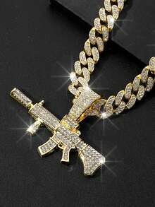 Men's Personalized Street Style Gun Pendant Necklace, Fully Iced Cuban Chain, Shiny Jewelry For Nightclub Hip-Hop, Unique Gift For Him - Gun Pendant Necklace - View 8