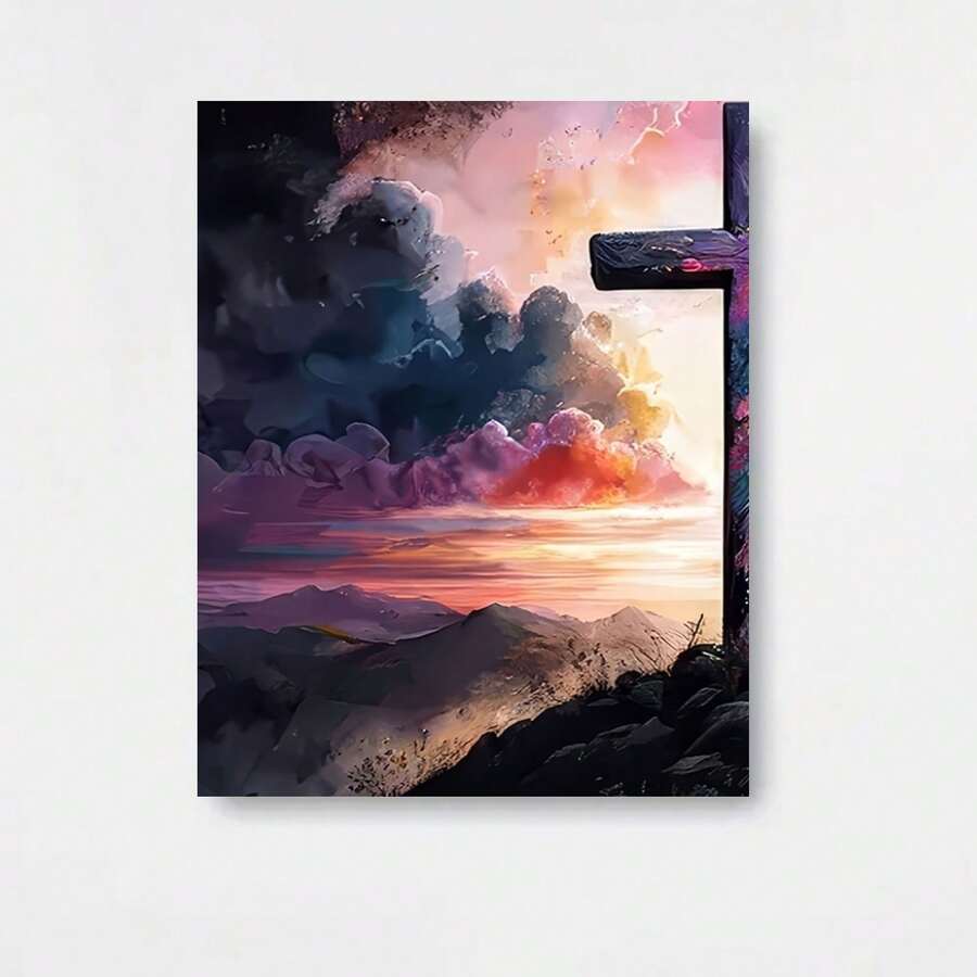 1pc Arte en Lienzo con Marco - Puesta de Sol en la Montaña con Cruz, Cielo Vibrante y Nubes, Ideal para Hogar, Oficina, Bar, Café, Aula, Decoración de Dormitorio, Regalo Perfecto para Pascua, Día de la Madre, Graduación, Uso Interior/Exterior, Decoración de Oficina | Arte de Paisaje Sereno | Marco Duradero, Decoración de Pared - Enmarcado - Ver 1