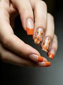 24PCS Spring Orange Gradient Floral Nails, Gentle Sheer Nude Press-On Nails, Removable False Nails - Orange - View 4