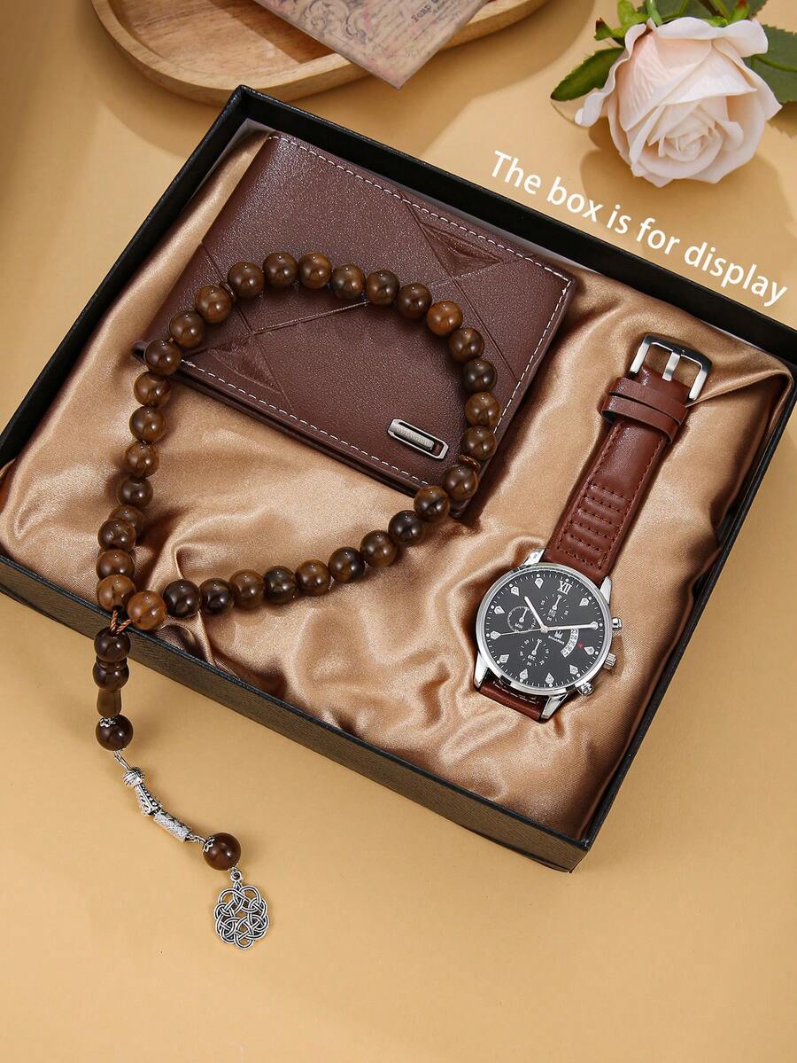 Bộ quà tặng 3 món thanh lịch dành cho nam giới gồm ví nhẹ, đồng hồ và tràng hạt, món quà bất ngờ cho Ngày của Cha, sinh nhật, kỷ niệm. - Bộ đồ nâu 2 - Xem 1