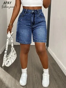 Shorts vaqueros casuales y retro con strass de colores, para el verano - Azul lavado oscuro - Ver 3