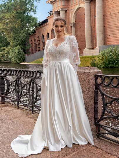 Elegant Sexy V Neck Long Sleeves Bride Gowns For Women Lace Appliques A-Line Satin Formal Wedding Dress Registry Office Dresses Bridal Fashion,Evening Party Dress Birthday Party Dress Country Wedding,Romantic Church Ceremony Wedding Dress,Suitable For Wedding,Dating,Party,Singles' Party,Vacation,Formal Occasions,Dinner Dress,Prom Dress,Homecoming Dess,Cocktail Party,Wedding Guest Dress,Graduation