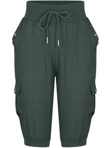Cotton Linen Capri Pants For Women Drawstring Baggy Summer Cropped Pants Comfy High Waist Loose Resort Outfits - 綠色 - 查看 4