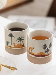 1pc Middle Eastern Style Ceramic Mug, Saudi Arabian Coffee Cup, Desert Camel, Palm Tree & Cactus Themed Water Cup, Matte Two-Tone Design, High-Quality Ceramic Material Insulated & Anti-Scald, 4 Different Desert Landscape Patterns, Vividly Recreating The Middle Eastern Wilderness Ambiance, Suitable For Coffee, Tea, Water And Other Beverages, Infusing Exotic Charm Into Kitchen And Office, An Excellent Choice For Daily Use And Gift-Giving - Multicolor - View 3