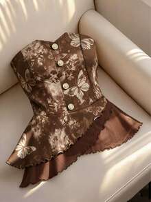 Floral Print Colorblock Woven Fabric Strapless Top Casual Summer - Multicolor - View 1