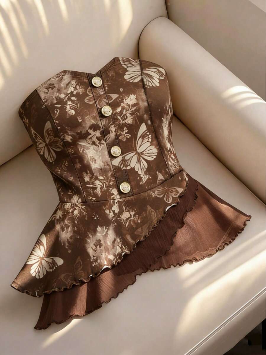 Floral Print Colorblock Woven Fabric Strapless Top Casual Summer - Multicolor - View 1