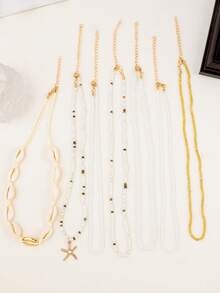 7Pcs/Set Bohemian Multilayer Starfish Shell Rice Beads Necklace For Women Summer Beach Sexy Choker Neck Chain Girl Party Vacatio - Beige - View 5
