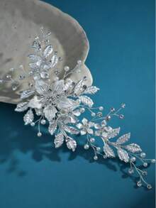 1pc Iron Leaf & Pearl Rhinestone Hair Clip,Festival,Birthday - Silver - View 3