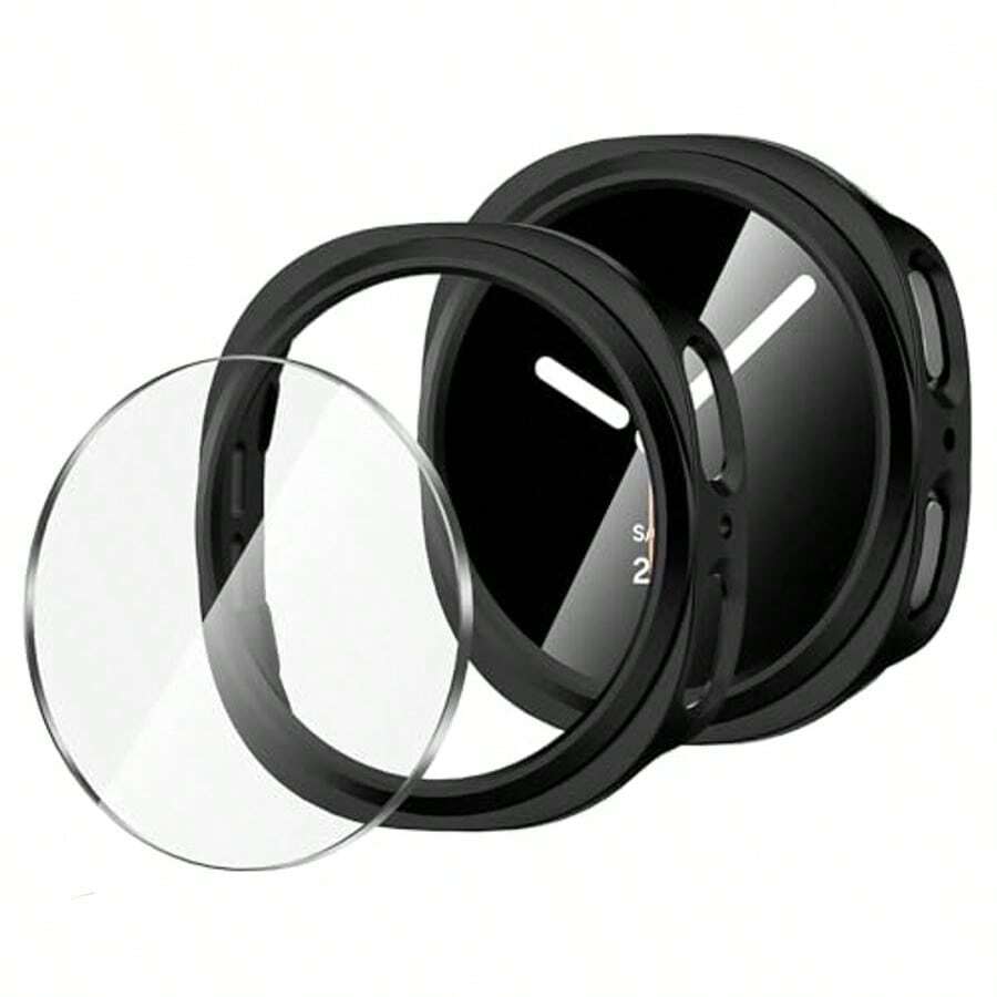 适用于 Galaxy Watch 8/7 44mm/40mm Ultra/47mm Classic/46mm 的 2 片装屏幕保护膜 + 保护壳，Galaxy Watch 8/7 配件，硬质边框保护壳 + 钢化玻璃膜 - 黑色 - 查看 1