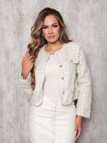Women's Cropped Tweed Plaid Jacket - Elegant Formal Wear - 白色 - 查看 5