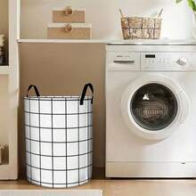 1 pieza Cesta de lavandería a cuadros clásica, caja de almacenamiento redonda móvil, caja de almacenamiento y organización de ropa sucia de uso múltiple, estilo escandinavo para el hogar - Blanco y Negro - Ver 5