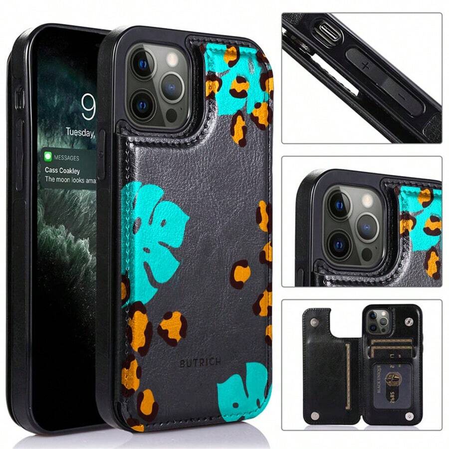 Una funda para iPhone 16 pro max con estampado Leopardo hojas tropicales turquesa, con diseño de múltiples ranuras y función de cartera, y cierre magnético de gran potencia | Acabado artesanal con textura de cuero, diseño unisex, ideal para el uso diario y como regalo - Negro - Ver 1