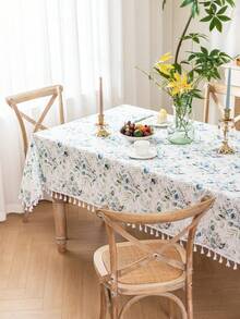 1pc Spring/Summer Fresh Sage Green Floral & Bamboo Tassel Tablecloth, Farmhouse Style Rectangular Dining Table Cover, Washable For Home Kitchen, Dinner Party, Picnic, Date, Wedding, Theme Party, Indoor/Outdoor Use - Sage Green - View 14