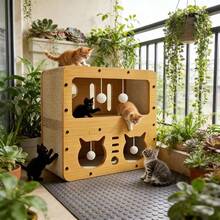 Casa de cartón grande para gatos con almohadilla rascadora y bolas de peluche | Condo y cama de cartón multifuncional para gatos para rascar, esconderse y descansar, amigable para gatos, fácil de montar, adecuado para gatitos y mascotas pequeñas para jugar, descansar y dormir, entretenimiento de cartón duradero para los amigos felinos para evitar daños en los muebles - Unitalla - Ver 2