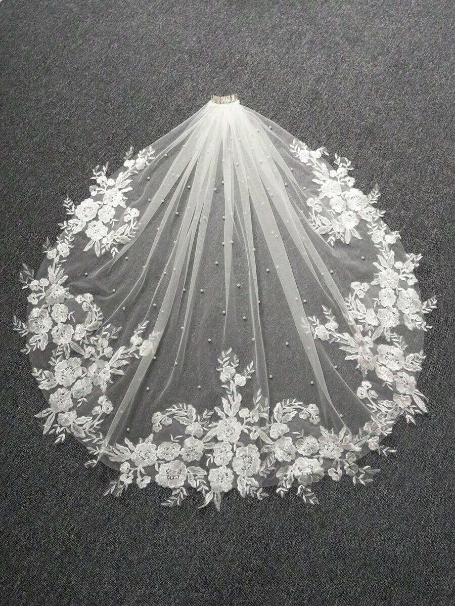 1 Pc Pearl Fingertip Length 37.4inch(95cm) Lace Floral Wedding Bridal Veil With Metal Comb For Wedding Party White Ivory Fall Clothes For Women Valentine's Day Accessories - 彩色 - 查看 1