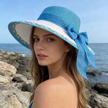 Stylish Straw Hat With Bowknot,Beach Hat,Hats For Women,Beach Hats For Women,Elegant Women's Sun Hat, Beach Sun Protection Hat, UV Protection Hat, Wide Brim Summer Sun Hat - Màu xanh nhạt - Xem 9