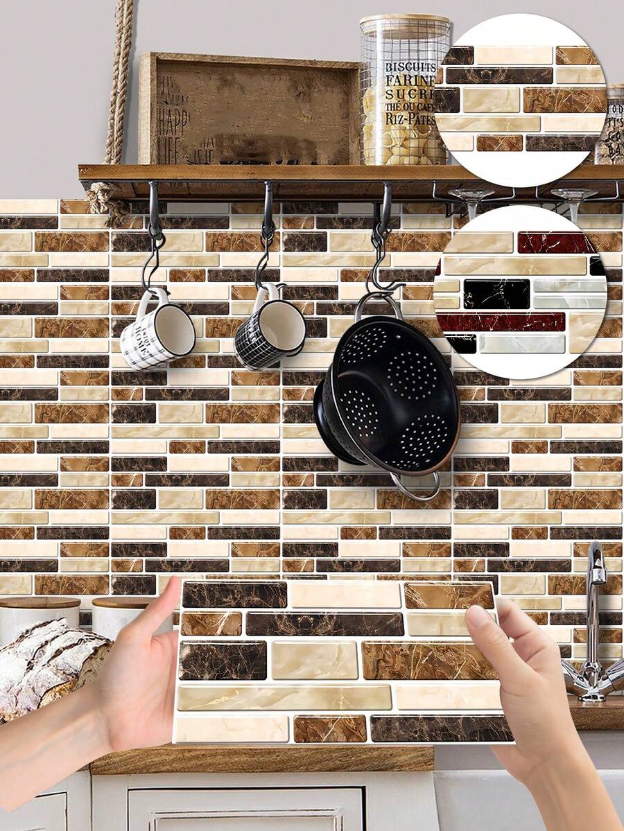 10 Miếng Gạch Dán Tự Dẹp Hình Vân Đá Cẩm Thạch Vàng, Gạch Dán Tường Họa Tiết Gạch Sọc Cổ Điển, Kích Thước 4.72" X 9.68", Chống Dầu Mỡ, Gạch Gốm Tự Dán cho Phòng Tắm, Nhà Bếp, Hình Dạng Không Đồng Nhất.
