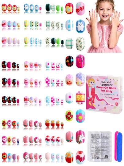NAIO 216 piezas Juego de uñas postizas para niños, uñas postizas cortas de cobertura completa con patrones lindos de dibujos animados de arcoíris, unicornio, conejo, flor y caramelo. Un kit de uñas postizas coloridas y de patrones mixtos lindos con caja de almacenamiento y lima de uñas. Un regalo maravilloso para su hija, nieta y bisnieta.