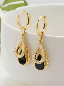 1 Pair Black Teardrop Elegant Luxury Versatile Minimalist Hoop Earrings, Suitable For Women's Daily, Festival And Party Wear - Black - View 5