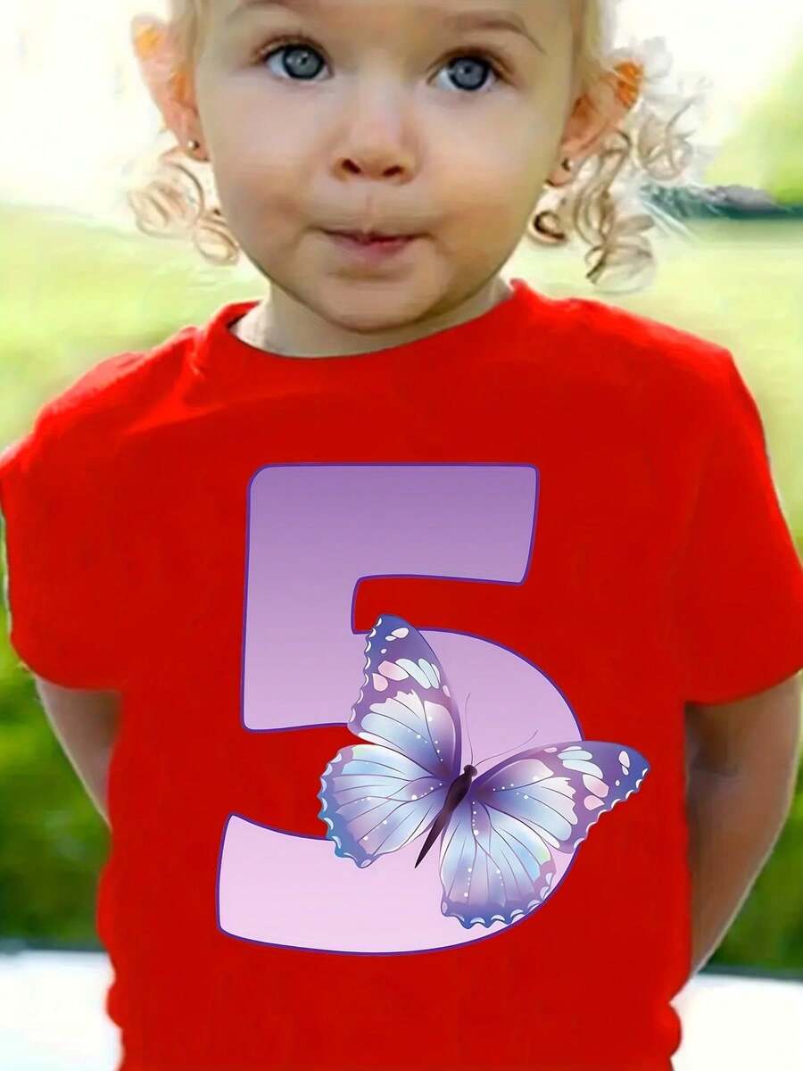 Camiseta para niñas con el número 5 con estampado de mariposa camiseta roja de manga corta transpirable, suave y cómoda para la piel, blusa casual de cuello redondo adecuada para el uso diario con estampado infantil llamativo y versátil para niños de 4 a 14 años - Rojo - Ver 1