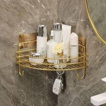 1 Stück Premium Gold/Schwarz Eckregal mit Klebestreifen, rostfreies Metall Wandregal mit Haken, ohne Bohren, wasserdicht, starker Klebstoff, platzsparender Badezimmer, Hautpflege, Toilettenartikel Organizer Regal, geeignet für Zuhause, Wohnheim, Mietobjekte, kleine Räume - Gold - Übersicht 7
