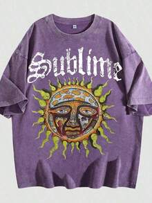 Unisex Sublime Band Sun Face Skull Print Graphic T-Shirt, Vintage Washed 100% Cotton Oversized Crew Neck Short Sleeve Tee, Retro 90s Rock Band Loose Fit Casual Shirt, Soft Breathable Streetwear Top For Men Women, Y2K Summer Vacation Daily Outfit,Holiday & Office Women T-Shirts,Comfortable - 紫色 01 - 查看 7