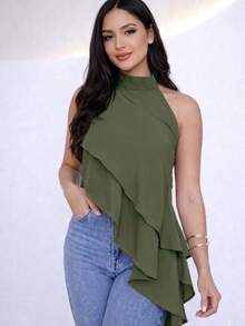 Women's Crepe Fabric Blouse, Asymmetrical High Neck, Long With Ruffles, Boho Chic, Elegant, Autumn Trend - 軍綠色 - 查看 1