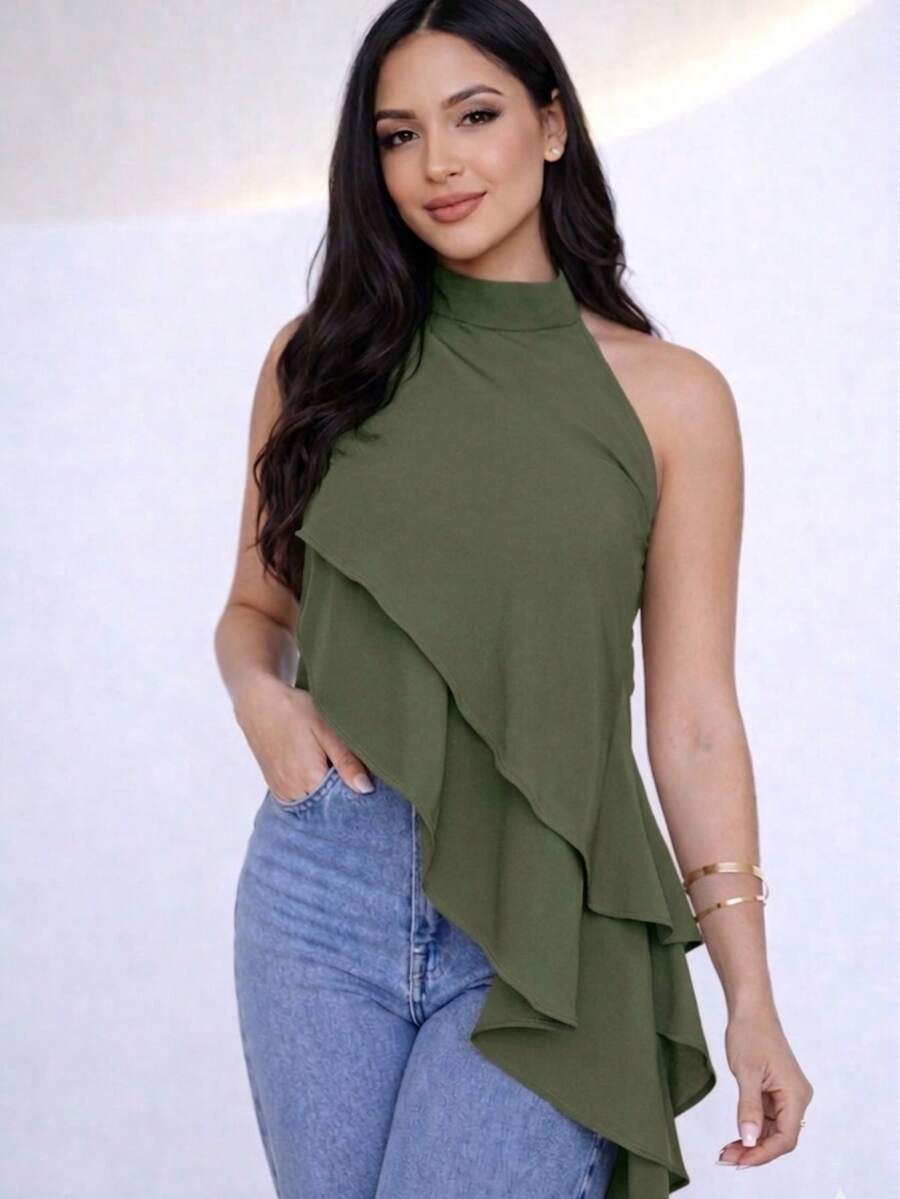 Women's Crepe Fabric Blouse, Asymmetrical High Neck, Long With Ruffles, Boho Chic, Elegant, Autumn Trend - 軍綠色 - 查看 1