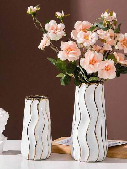 1pc Minimalist White Vase With Gold Trim, Resin Creative Decorative Vase, Suitable For Home Decor, Living Room, Dining Table, Bedroom