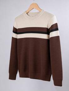 Men's Knitted Sweater, Round Neck, Long Sleeve, Premium Wool, Basic And Comfortable Winter Clothing - Nude con Marrom - Ver 1