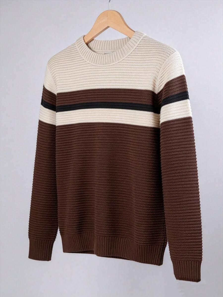 Men's Knitted Sweater, Round Neck, Long Sleeve, Premium Wool, Basic And Comfortable Winter Clothing - Nude con Marrom - Ver 1