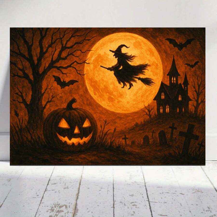Impresión de lienzo de Halloween vintage - Bruja en escoba, calabaza y murciélagos - Decoración de hogar espeluznante, Arte de lienzo de pared de Halloween - Bruja voladora sobre luna llena, Casa embrujada y calabacín, Arte de pared de Halloween aterrador - Silueta de bruja, Escena de cementerio y calabaza - Decoración de lienzo gótico - Enmarcado - Ver 1