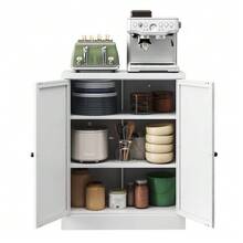 88 Cm High, Freestanding Storage Shelf In White Metal – Kitchen Cabinet With Height-Adjustable Shelves, Ergonomic Handles, Assembly Required, Space-Saving Kitchen Storage. - 白色 - 查看 7