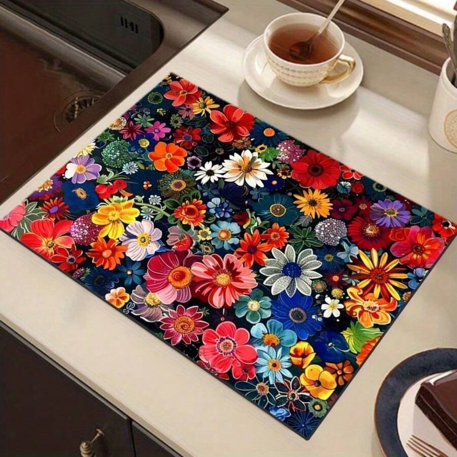 Beautiful Floral Element Dish Kitchen Draining Mat Bowl Plate Washable Bar Absorbent Mat Desktop Protector And Dryer Protection Top Mat Durable Home Kitchen Dining Table Decoration Dish Accessories,Home Decor,Coffee Bar Station,Kitchen Deccor,Coffee Mat,Kitchen,Kitchen Essentials,Dish Mat - 多色3 - 查看 1