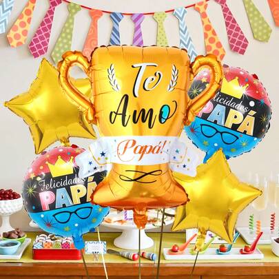 5pcs/Set Father's Day Decoration Balloon Set, Includes Father's Day Golden Trophy Balloon, 18-Inch Father's Day Printed Round Balloon, Golden Pentagram, For Father's Day Party Decoration, Gift For Dad, Best Dad Balloon, Dad Birthday Decoration