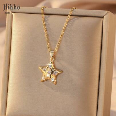 Hihho 1pc 3D Star Zirconia Necklace, Gold/Silver Color Options, Solid 3D Star Design, Suitable For Sweet, Spicy And Commuter Styles