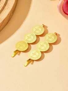 2pcs Gold Coin Shaped Carved Hair Clips, Minimalist Design Bridal Hair Accessories, Suitable For Everyday And Commute,Elegant,Birthday - Gold - View 7