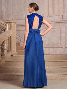 Elegant Lace Patchwork Button Formal Evening Dress, Sleeveless Wedding Party - Blue - View 2
